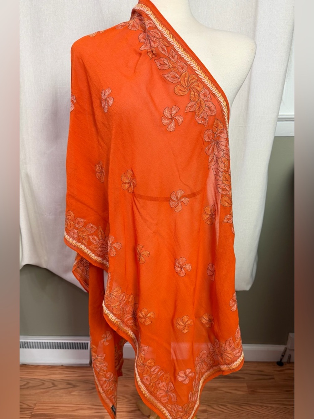 Kantha Silk Scarf Hand Embroidered Dupatta Shawl Wrap Stole Orange 75x23" Floral